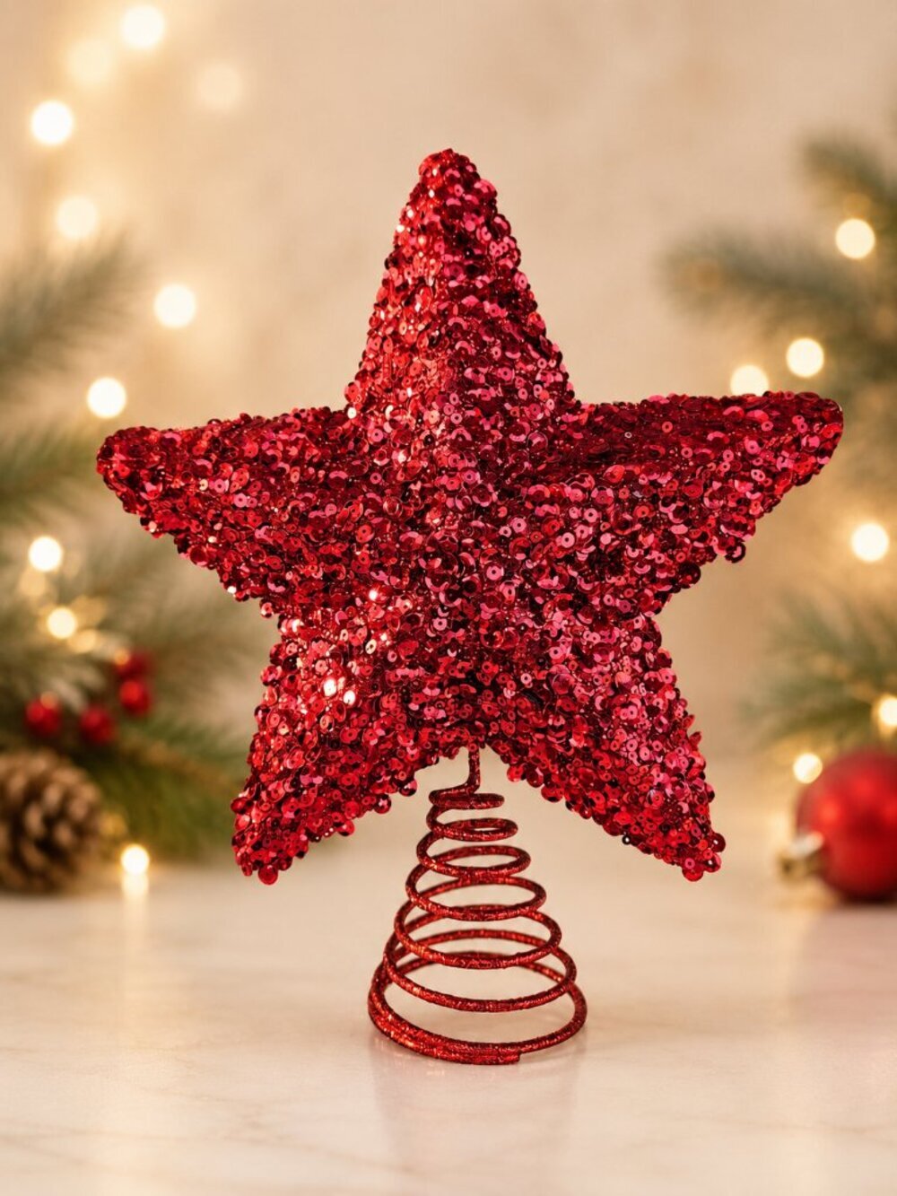 Red Sequin Star Christmas Tree Topper Holiday Décor